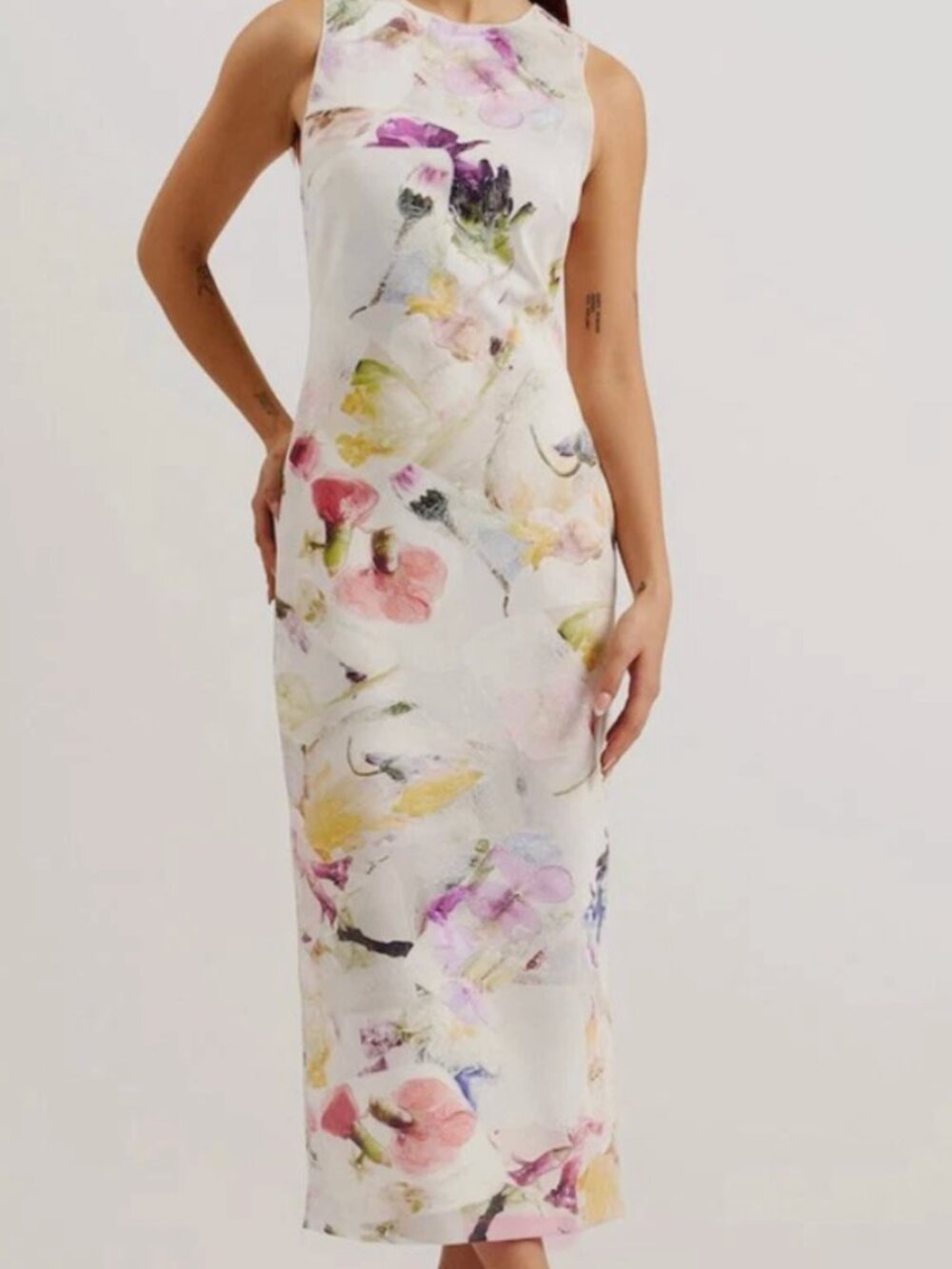 LILYHA FLORAL White Midi Scuba Floral Bodycon Dress